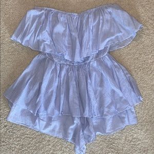 Blue and White Pinstriped Strapless Romper